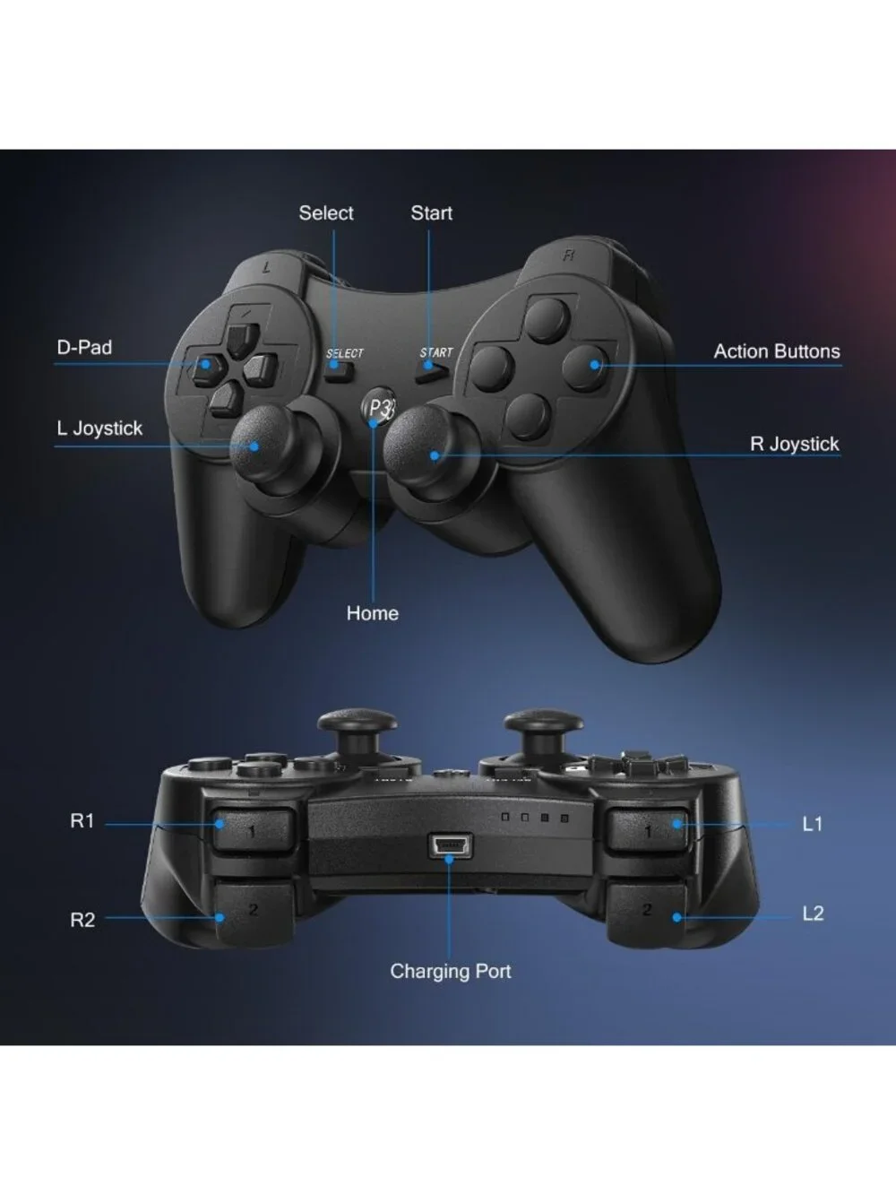 2 Pack Wireless PS3 Controllers with Charging Cables - Compatible Gaming